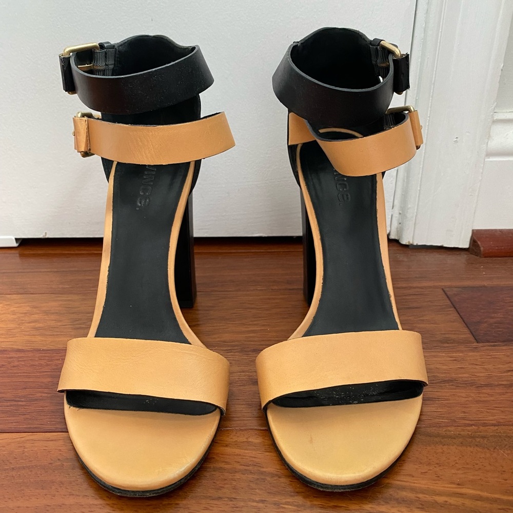 Vince 2-toned open toed block heels with double ankle strap.